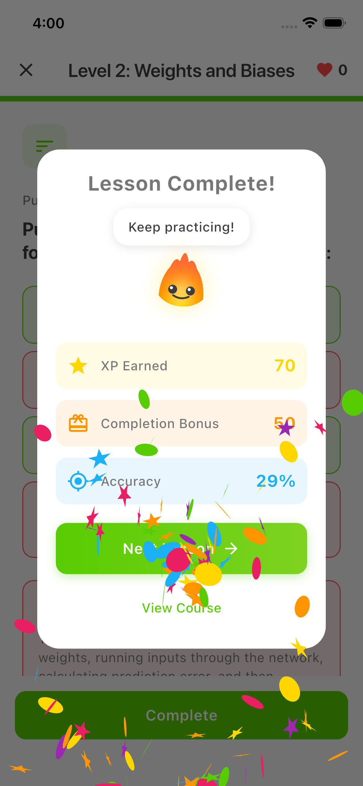 Lesson completion celebration screen with XP rewards and progress tracking in Mathesis