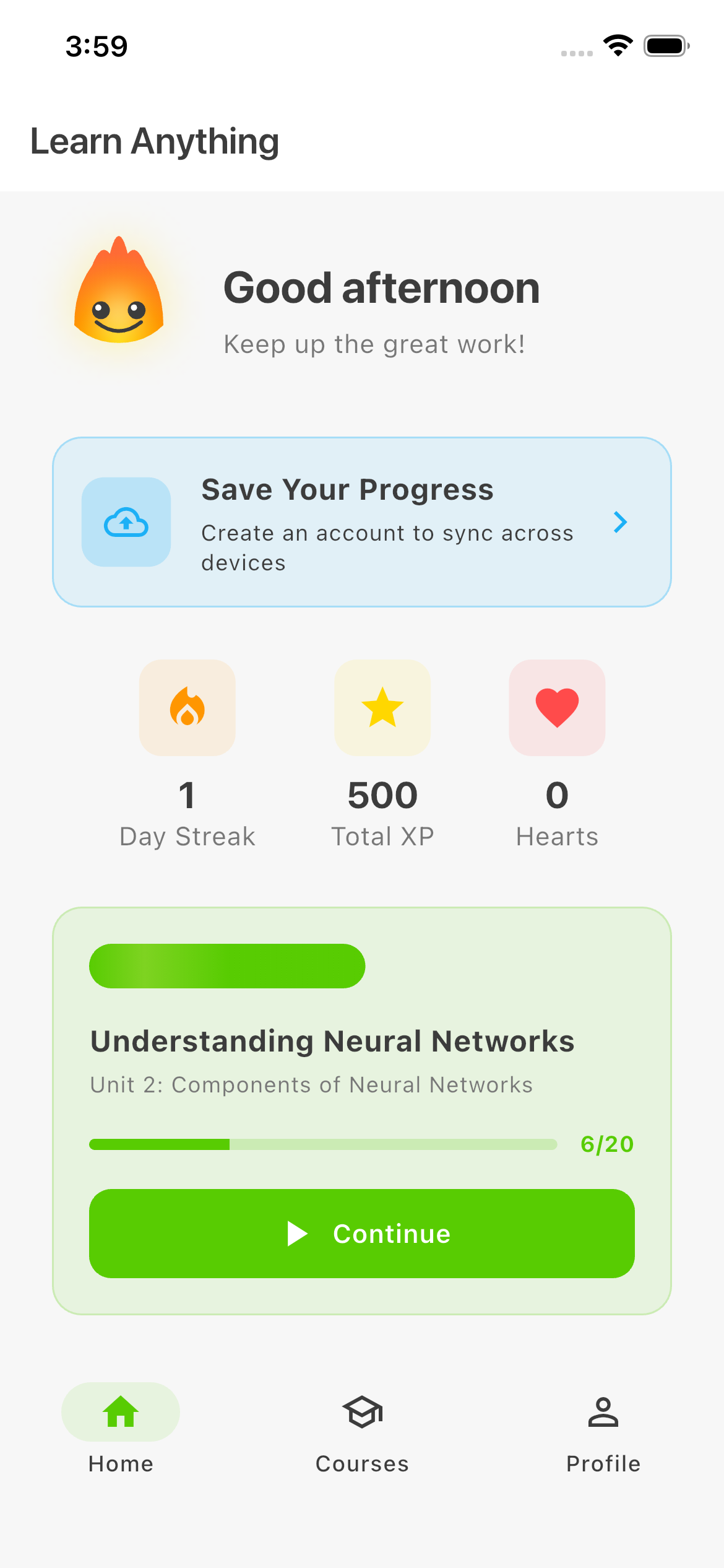 Mathesis AI learning app dashboard showing personalized course progress, daily streaks, and micro-learning lessons