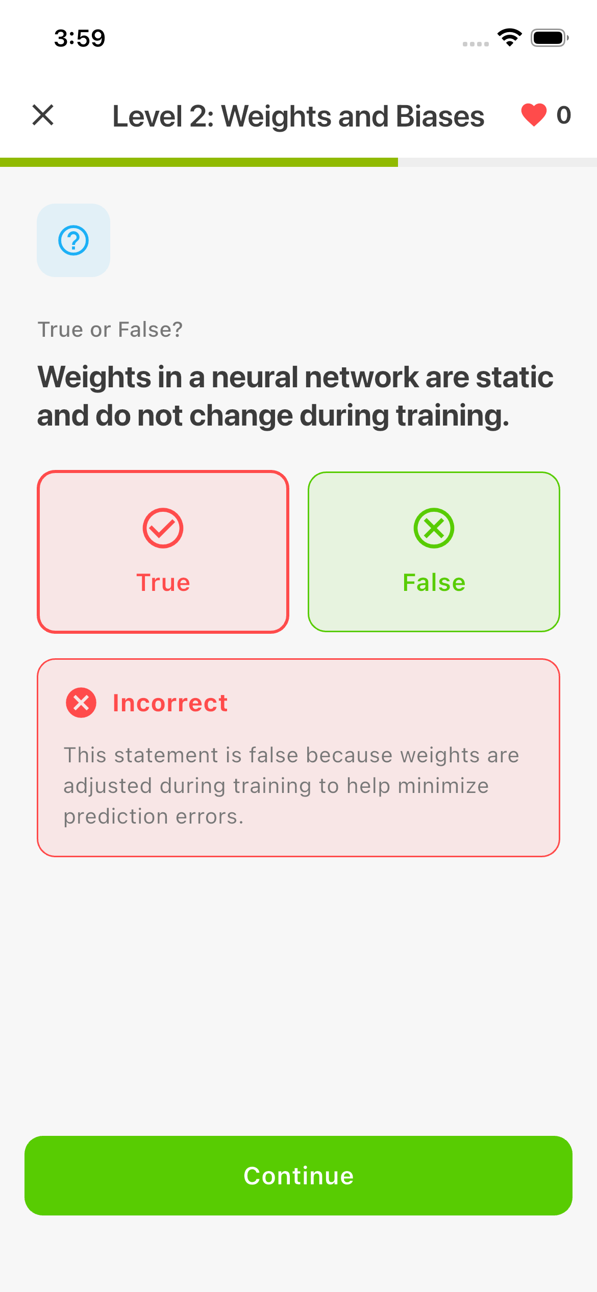 Instant feedback screen showing correct answer explanation in Mathesis AI learning app