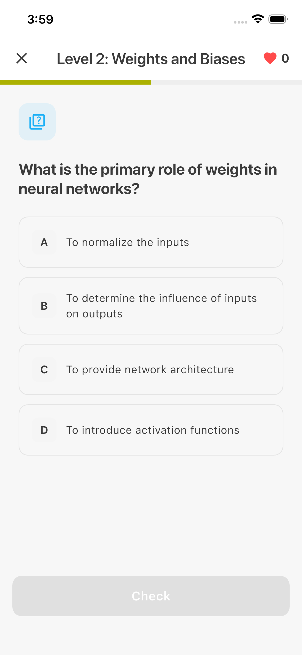 Interactive multiple choice quiz question in Mathesis learning app for knowledge testing