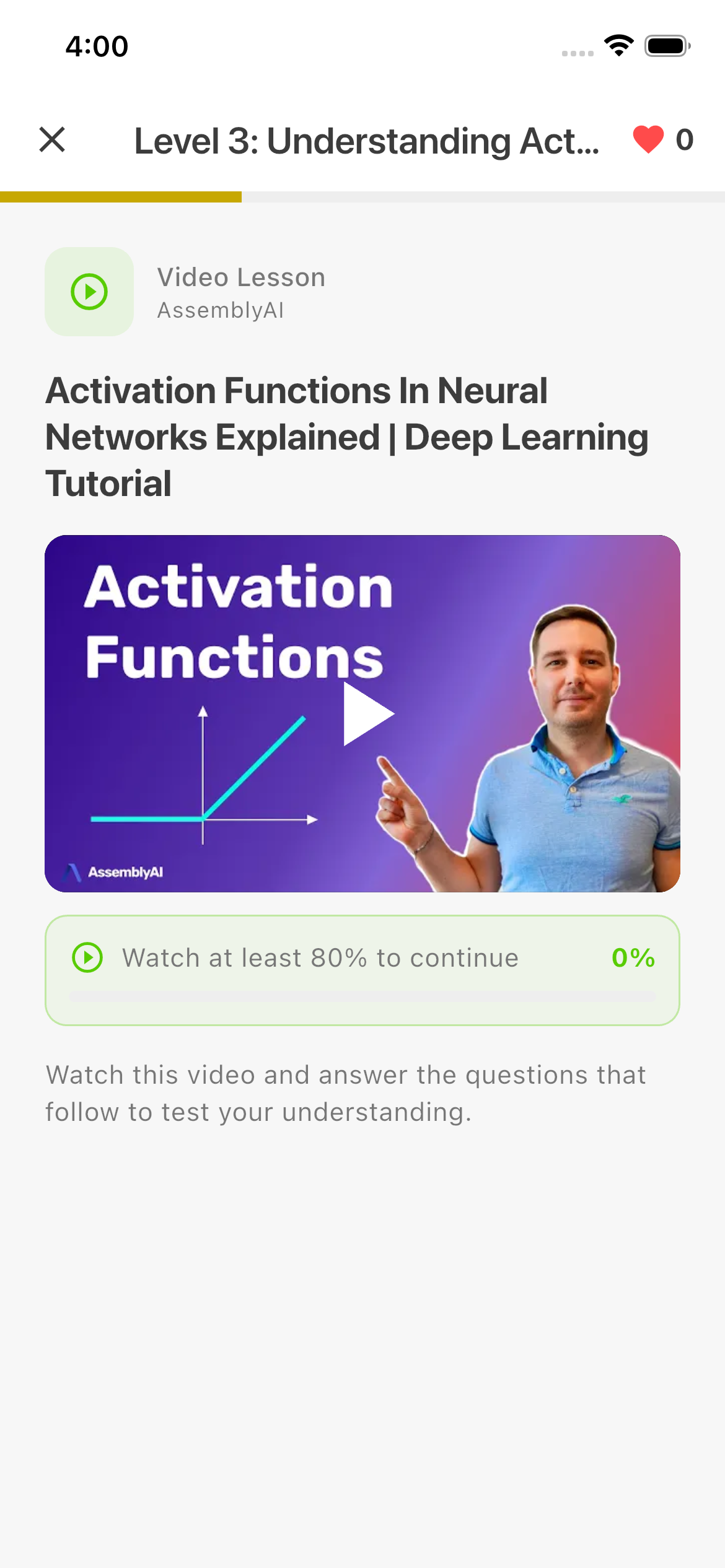 YouTube video integration with comprehension questions in Mathesis micro-learning app